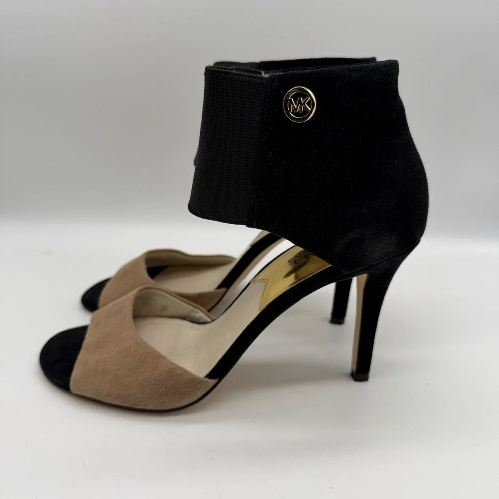 Michael Kors Sivian Black Tan Suede Ankle Strap d'Orsay Bootie Heels Womens 9.5M